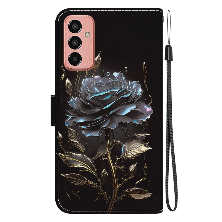 Samsung Galaxy M13 4G leather case with crystal texture and wallet functionality, showcasing card slots and kickstand feature.